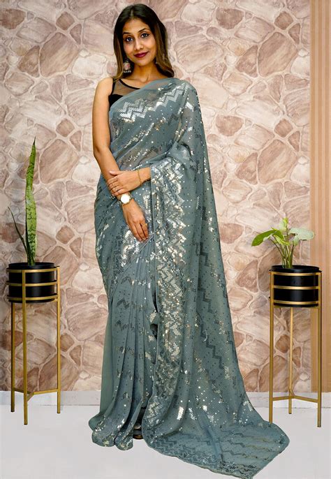 Buy Sequinned Georgette Saree In Grey Online SPF8798 Utsav Fashion