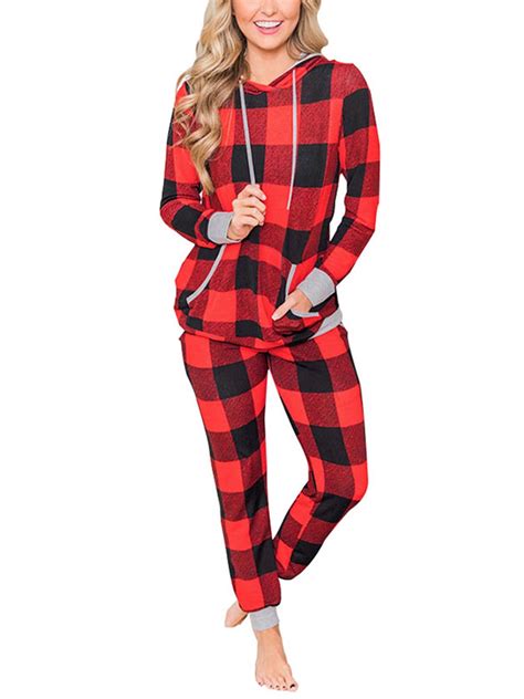 Sexy Dance 2pcs Women Christmas Plaid Hooded Pajamas Set Long Sleeve