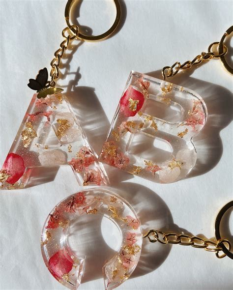 Resin Letter Keychain With Pink Flowers And Gold Flakes Clear Etsy