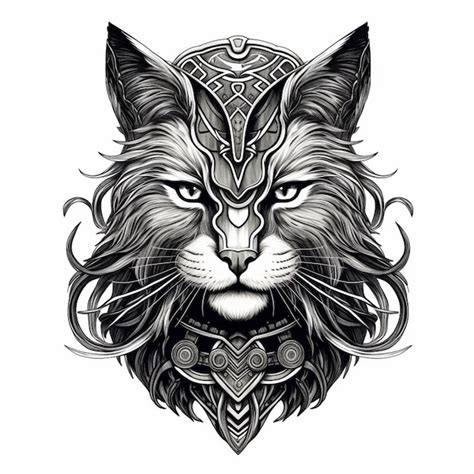 Premium Photo A Black And White Drawing Of A Cat With A Viking Helmet