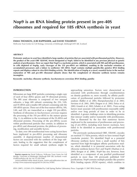 Pdf Nop9 Is An Rna Binding Protein Present In Pre 40s Ribosomes And