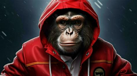 a monkey wearing a red jacket and a hoodie 30649406 Stock Photo at Vecteezy