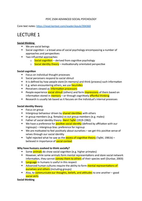 Lecture Notes For Advanced Social Psychology Psyc Advanced