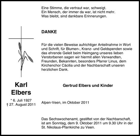 Traueranzeigen Von Karl Elbers Trauer In NRW De