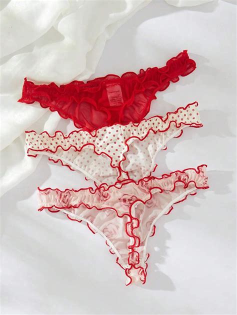 Shein Underwear Sleepwear Basics Packs Lettuce Trim Bow Front Sexy Thongs Lingerie SHEIN UK