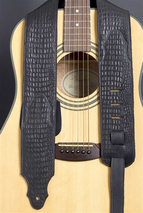 Handmade Black Embossed Leather Guitar Strap Lucky Star Gallery