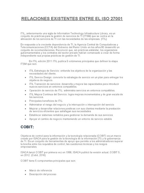 Relaciones Existentes Entre El Iso 27001 Pdf Itil It Service