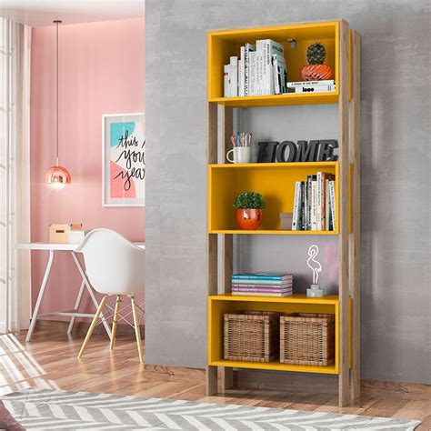 Estante Livreiro Multiuso Nichos Box Q Amarelo Carvalho R Stico