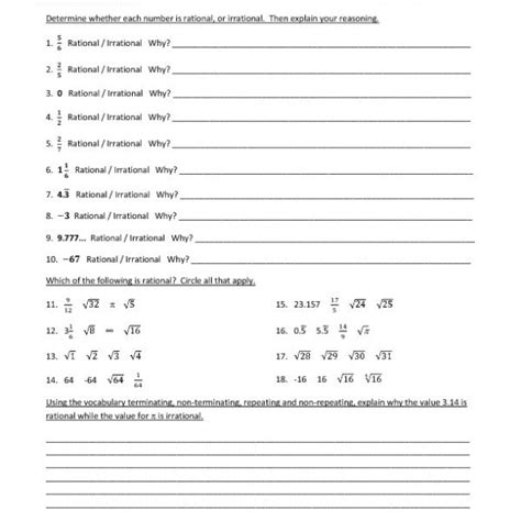 Eighth Grade Identifying Rational And Irrational Numbers Worksheet