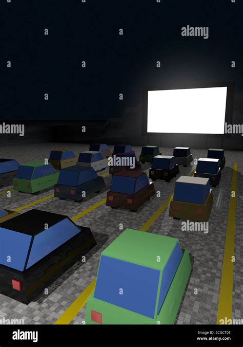 Parked cars at square to watch movies inside the car at night. Cine park car drive-in at parking ...