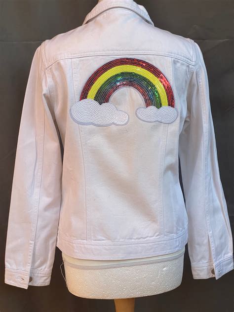 White Denim Rainbow Jacket Size 16 Etsy