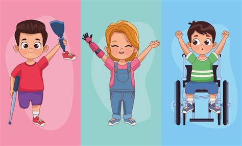 Tres personajes de niños con discapacidad Vector Premium