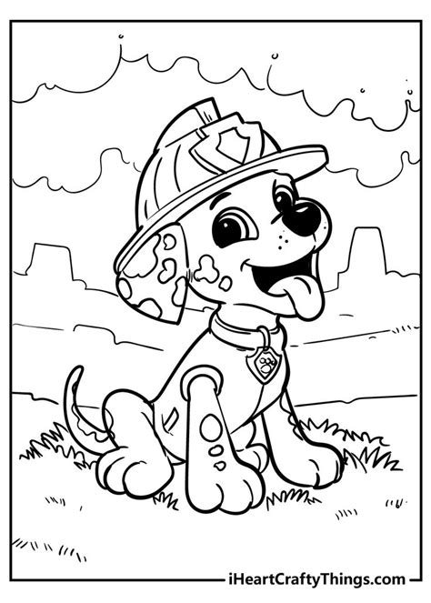 a coloring page with a dog wearing a fire hat