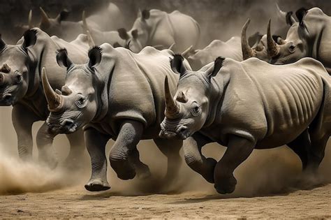 Premium AI Image A Herd Of Rhinos Running In The Dust