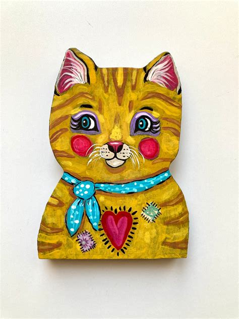 Original Whimsical Folk Art Kitty Cat Plaque Painting Etsy