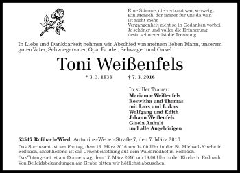 Traueranzeigen von Toni Weißenfels rz trauer de