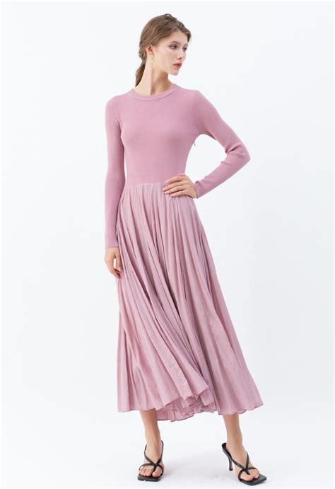 Knit Spliced Long Sleeves Maxi Dress In Pink Retro Indie And Unique