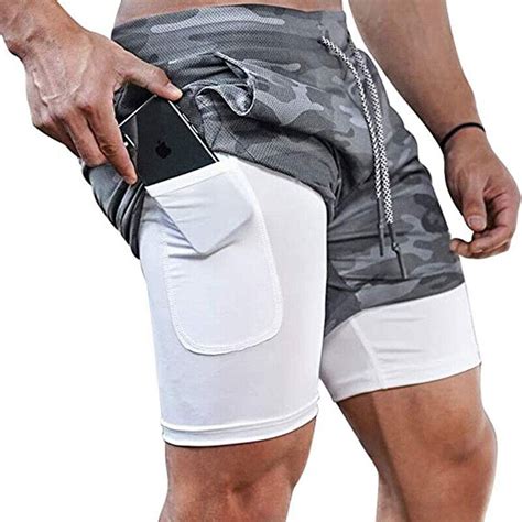 Mens 2 In 1 Compression Gym Workout Training Running Shorts Phone Pocket Pants Ebay