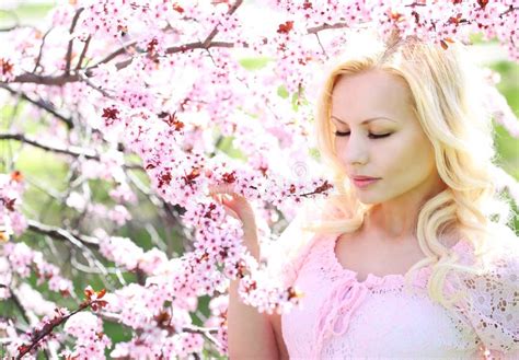 Blonde Girl With Cherry Blossom Spring Portrait Stock Photo Image Of