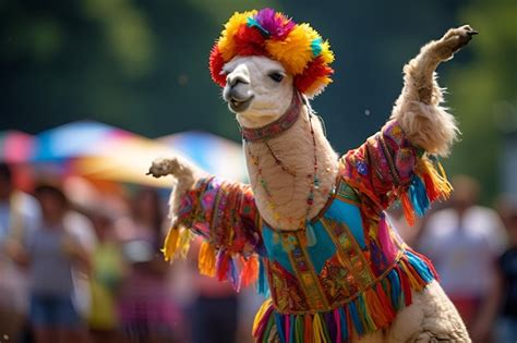 Premium AI Image Funny Llama Alpaca Dances In A Colorful Multicolored