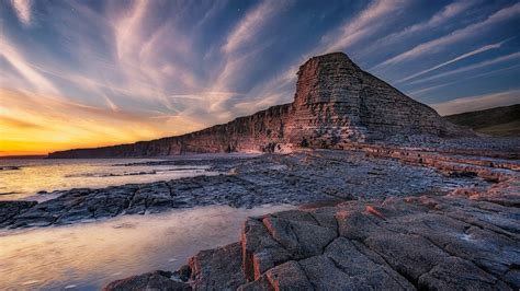 Coastline Rock Wales During Sunset HD Nature Wallpapers | HD Wallpapers ...