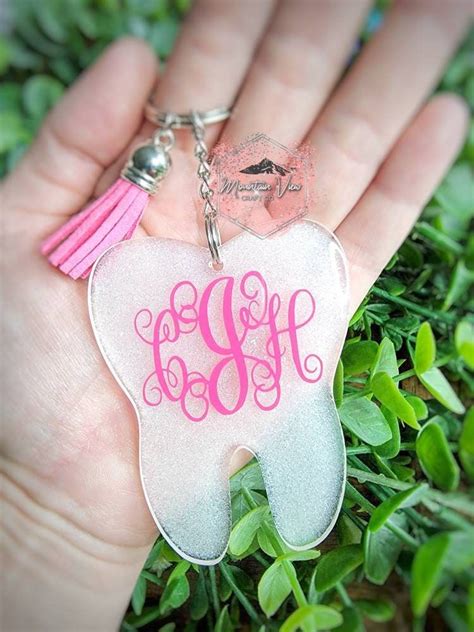 Customizable Monogram Tooth Glitter Keychain Dental Technician Ts