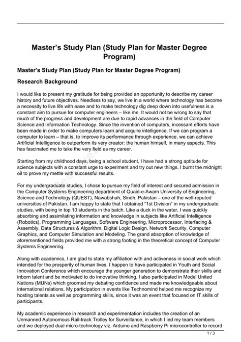 Masters Study Plan Study Plan For Master Degree Program