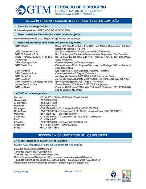 Peroxido DE Hidrogeno Materia riesgos químicos fichas de datos de