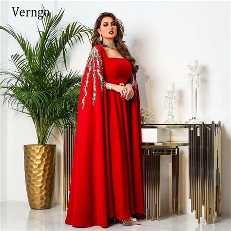 Verngo Robe De Soir E En Satin Rouge Ligne A Caftan Longue Cape