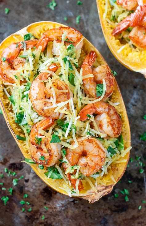 Pesto Parmesan Spaghetti Squash With Shrimp Peas And Crayons