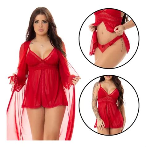 Kit Robe Camisola Tule Ca Inha Sexy Lingerie Sedutora Parcelamento Sem Juros