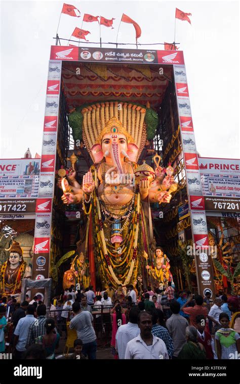 Hyderabad, India. 4th Sep, 2017. Hindu devotees carry idol of Hindu God ...