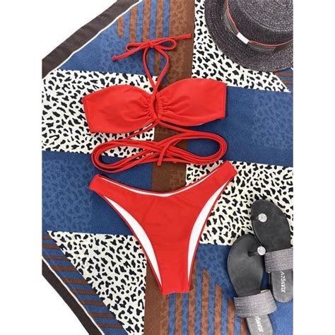 Women Swimsuit Red Color Bandeau Tie Bust Cross Bandage Two Piece Bikini Bathing Suit Shopee