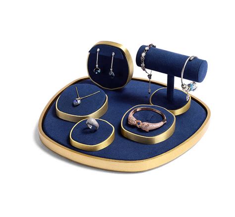 Luxury Navy Blue Velvet Gold Jewelry Ring Display Tray