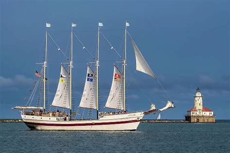 Sailing Ship With Chicago Harbor Lighthouse In Available As Framed