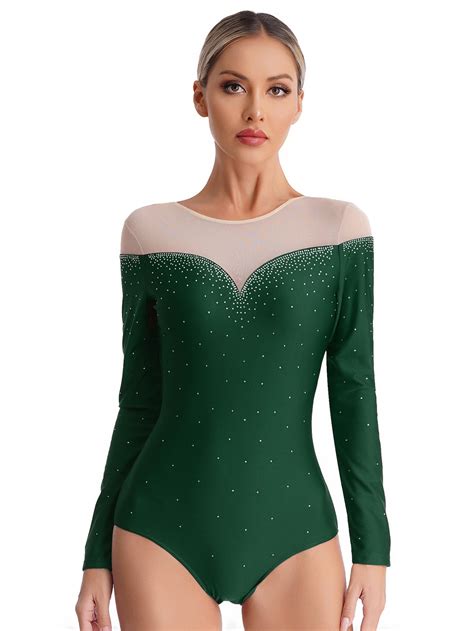 Kaerm Women Rhinestone Gymnastics Leotard Long Sleeve One Piece Ballet