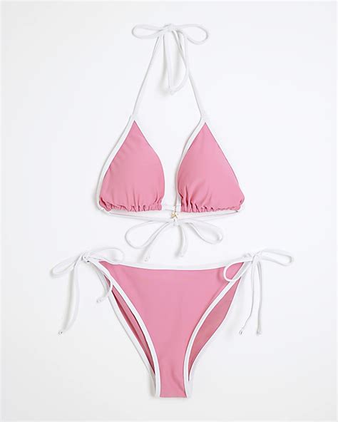 Pink Contrast Trim Bikini Set River Island