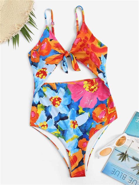 Random Floral Cut Out One Piece Swimsuit One Piece Swimwear