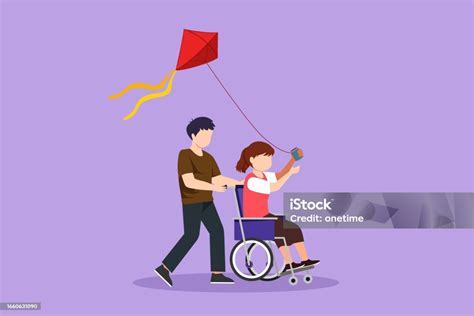 Dessin De Style Plat De Dessin Animé Dun Enfant Handicapé Heureux Jouant Au Cerfvolant Ensemble