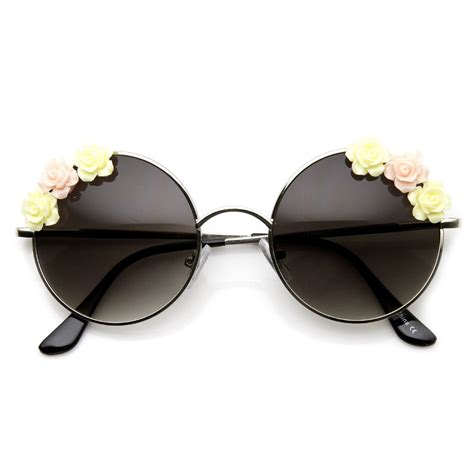 Flower Adorned Womens Hippie Floral Round Sunglasses Zerouv