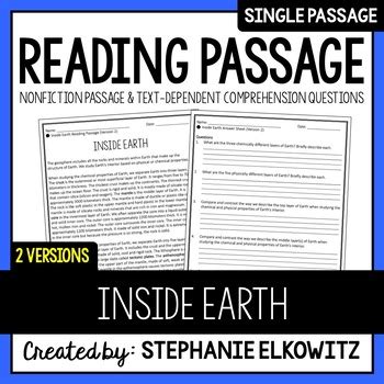 Inside Earth Geosphere Reading Passage Printable Digital TPT