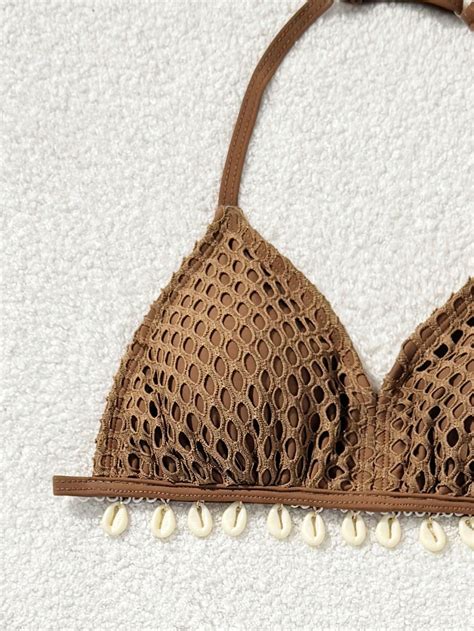 SHEIN Tween Girls Swim 3pcs Set Vcay Shell Brown Bikini Set Cover Up Skirt Pink Shop