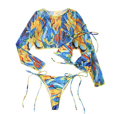 Zquuvou Women S Piece Bikini Long Sleeve Mesh Halter Swimsuit B Blue S Walmart