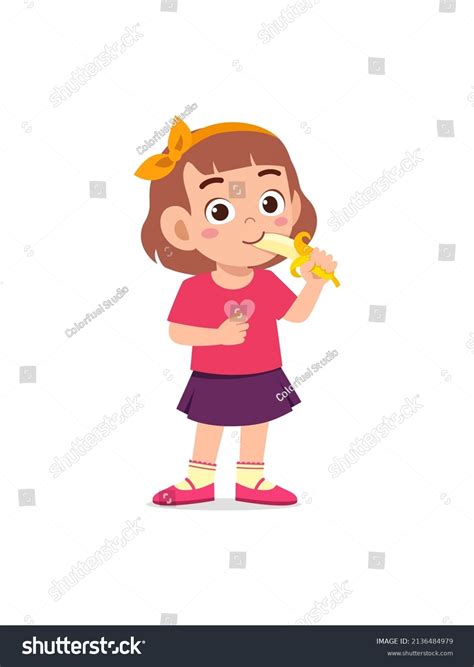 Little Girl Standing Eating Fresh Banana Stock Vector (Royalty Free ...