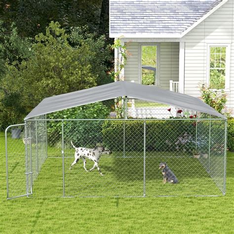 PawHut Outdoor Dog Kennel Galvanized Steel Fence with Cover Secure Lock ...