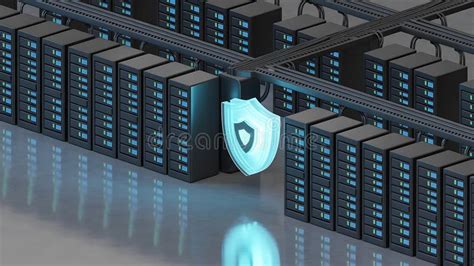 digital security shield protecting rows  server racks   modern