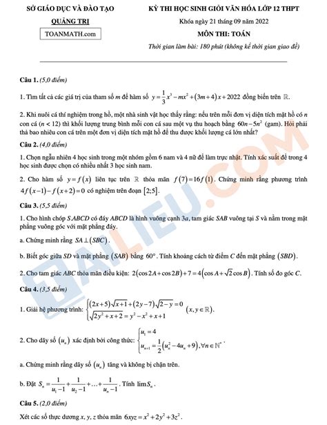 Đề thi HSG Toán 12 cấp tỉnh năm 2022 2023 Sở GD ĐT Quảng Trị