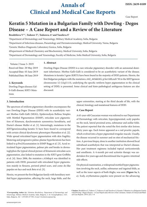 Keratin 5 Mutation in a Bulgarian Family with Dowling - Degos Disease