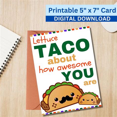 Funny 5x7 Printable Fathers Day Greeting Card Puns Dad Lettuce Taco