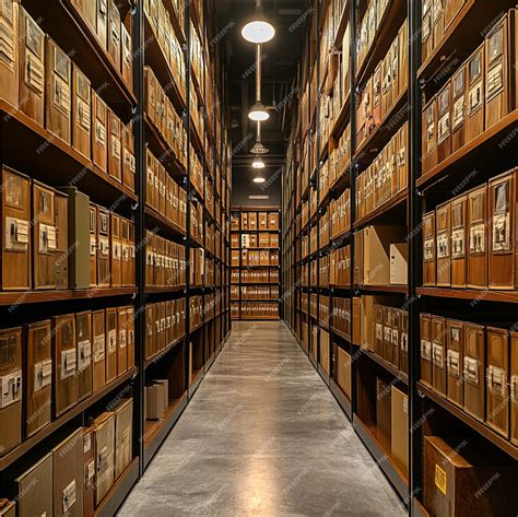 A historical archive room with rows of labeled filing cabinets and